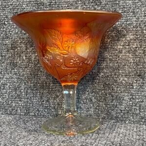Vintage Fenton Carnival Art Glass Compote Dish Peacock Urn Glass Marigold Orange